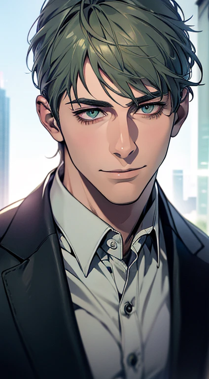 (best quality,4k,8k,highres,masterpiece:1.2),ultra-detailed,(realistic,photorealistic,photo-realistic:1.37),1 man,31 years old,mature man,very handsome,without expression,smile,short grey green hair,blue eyes,penetrating gaze,perfect face without errors,imposing posture,businessman,office background,cinematic lighting,hdr image