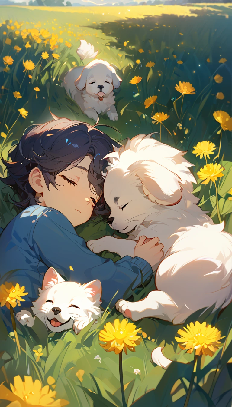 masterpiece, best quality, 8k, 4k, 1boy, kid, sleeping, dark blue hair with red stripes, blue long sleeve shirt, short pale brown pants with pocket, lay down on the field, a small white furry puppy sleeping next to the boy, cute round siberian white puppy, white dandelions fields, dandelions Taraxacum erythrosperm, wind blowing, sleeping on the fields, finely detailed eyes and detailed face, inspired by Asukaziye artist : ask, art style : ask
