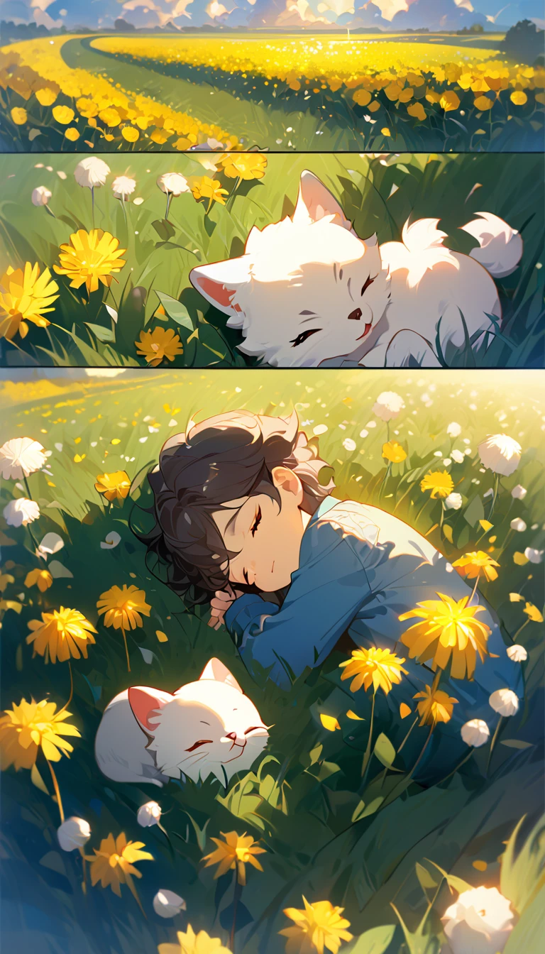 masterpiece, best quality, 8k, 4k, 1boy, ???, sleeping, dark blue hair with red stripes, blue long sleeve shirt, short pale brown pants with pocket, lay down on the field, a small white furry puppy sleeping next to the boy, cute round siberian white puppy, white dandelions fields, dandelions Taraxacum erythrosperm, wind blowing, sleeping on the fields, finely detailed eyes and detailed face, inspired by Asukaziye artist : ask, art style : ask