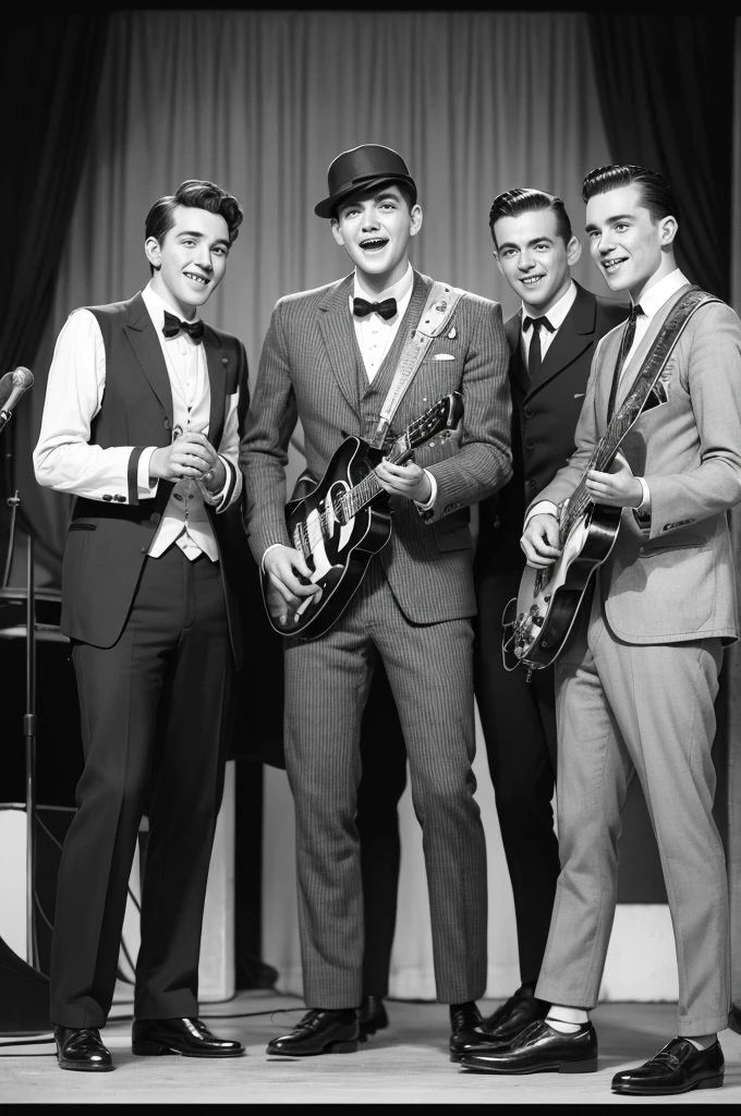 Banda vintage,4 men (half man half robot),antique photo.worn photo, realisitic.vintage , 40s style .30s clothes ,banda vintage, Man holding vintage microphone,Beatles style band,Band of humanoids