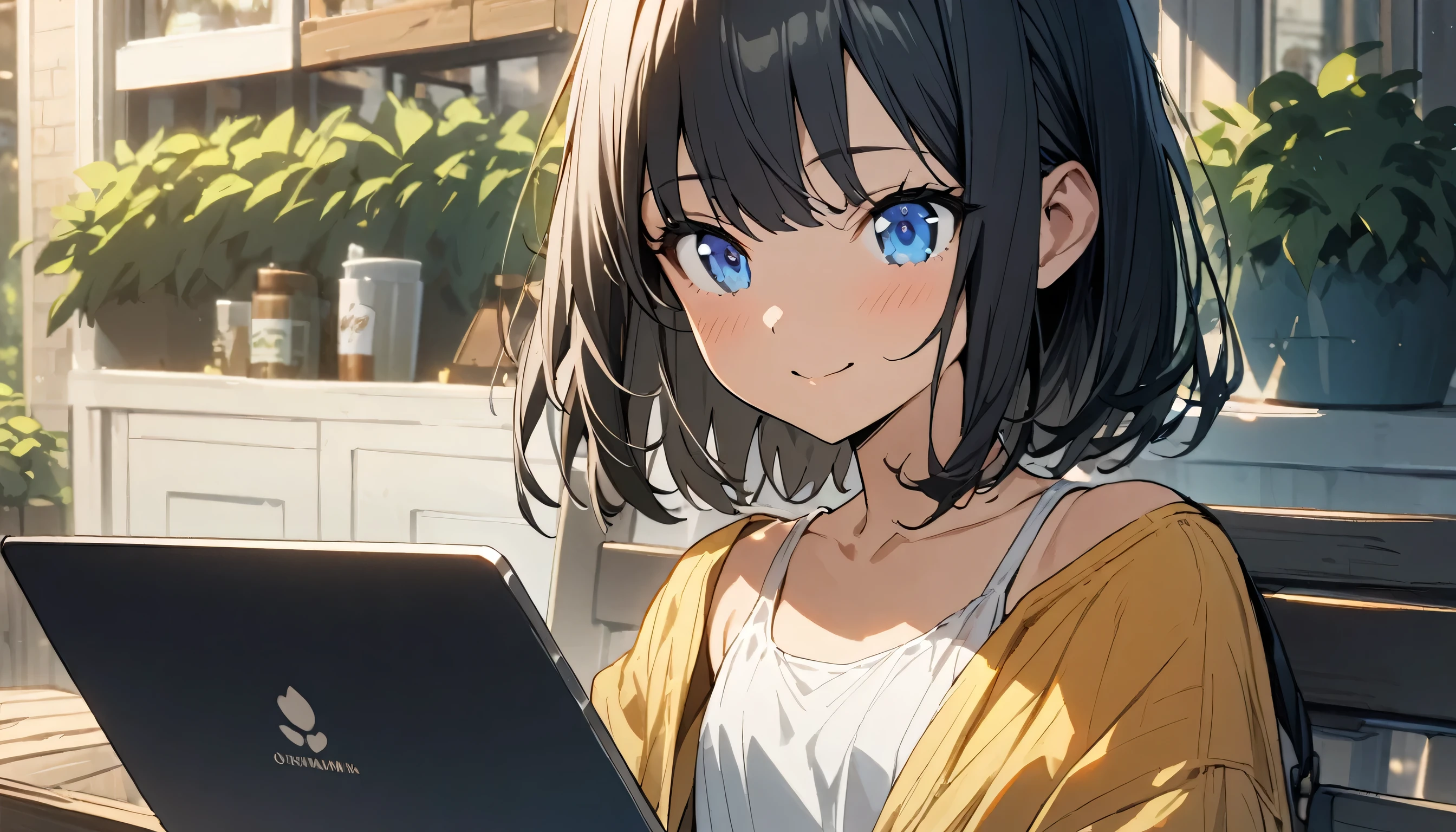 (1girl in),(beautiful blue eyes finely detailed、Face to detail、flat chest, masterpiece sidelighting、masterpiece、top-quality、detaileds、High resolution illustration),Woman using laptop on the open terrace of a fashionable café、18year old、OL、Everyday clothes、A smile、frontage、The upper part of the body、black hair、Short bob hair、The upper part of the body、