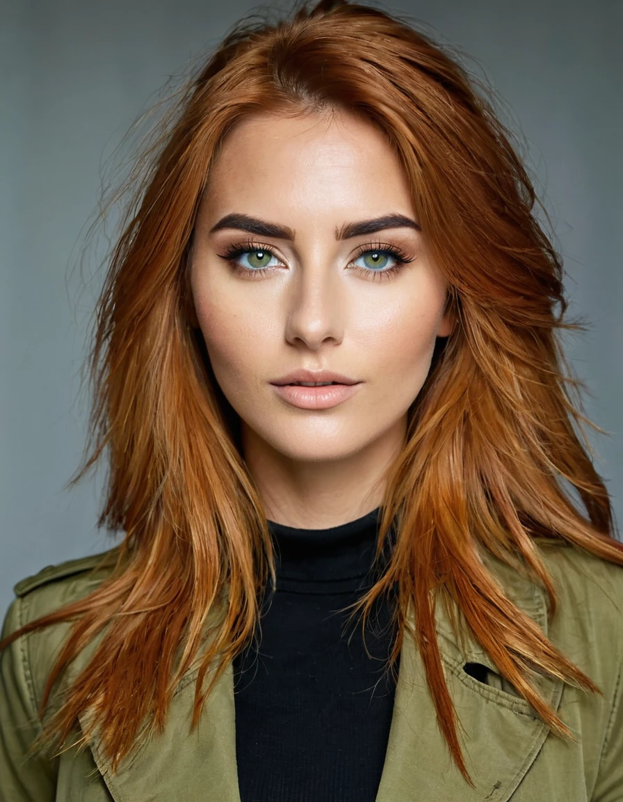 femme de 25 ans, peau clair, taches de rousseur discretes, cheveux long roux clair, yeux noisette, gros seins naturel, portrait demi-corps, veste de couleur kaki