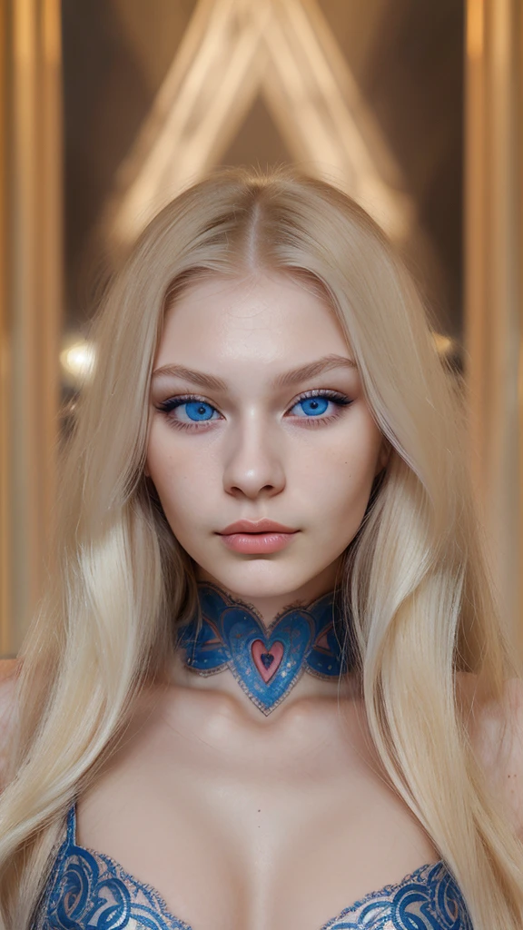 Young 22 years old russian woman, high cheekbones, mysterious gaze, heart faceshape, blue eyes, hunter eye shape, long eyelashes, full lips, small nose, blond straight hair