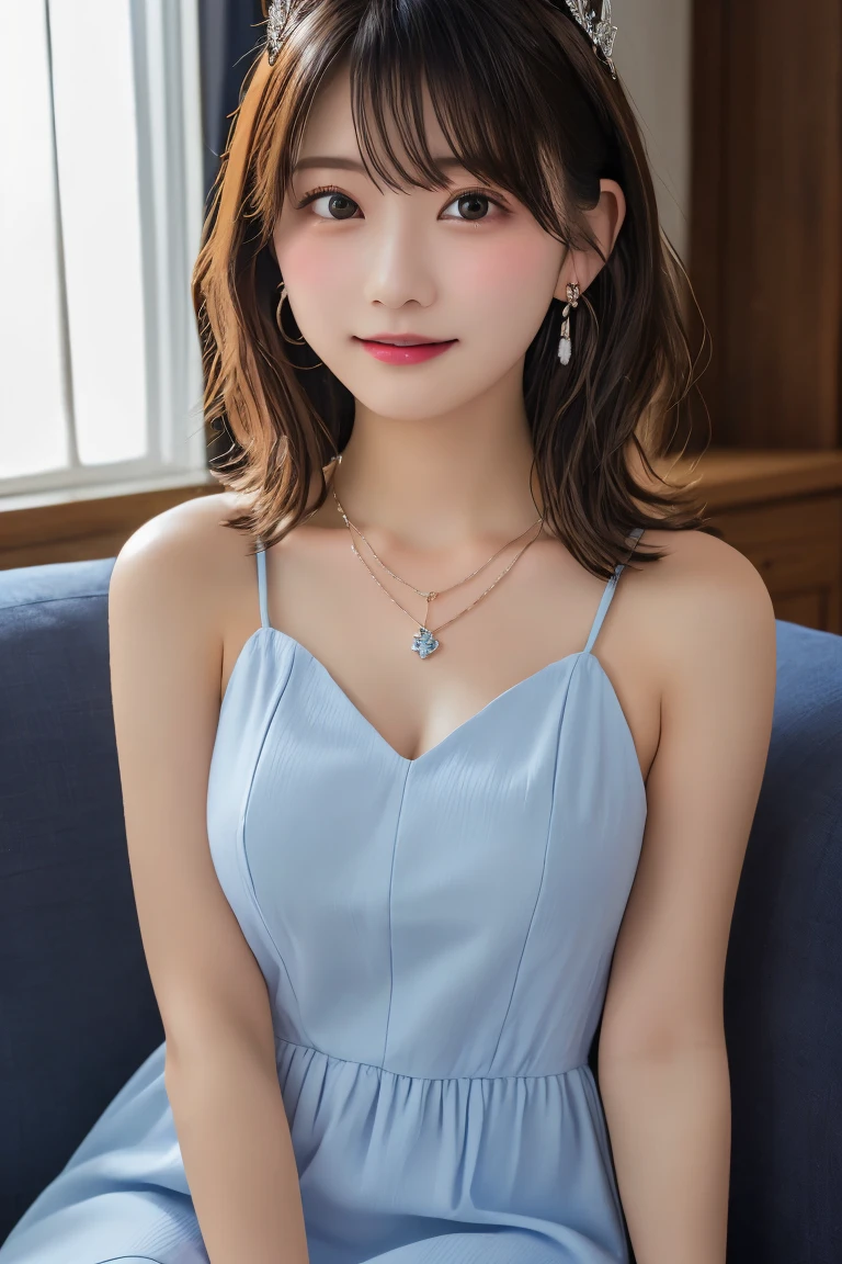 Highest quality, (beautiful)、A light blue mini dress with shoulder straps、Larger breasts、Brown Hair、looking at the camera、Sit on the sofa、Close-up、pub、tiara、necklace、Earrings、、night、Dark Room、Dim lighting、No windows、smile