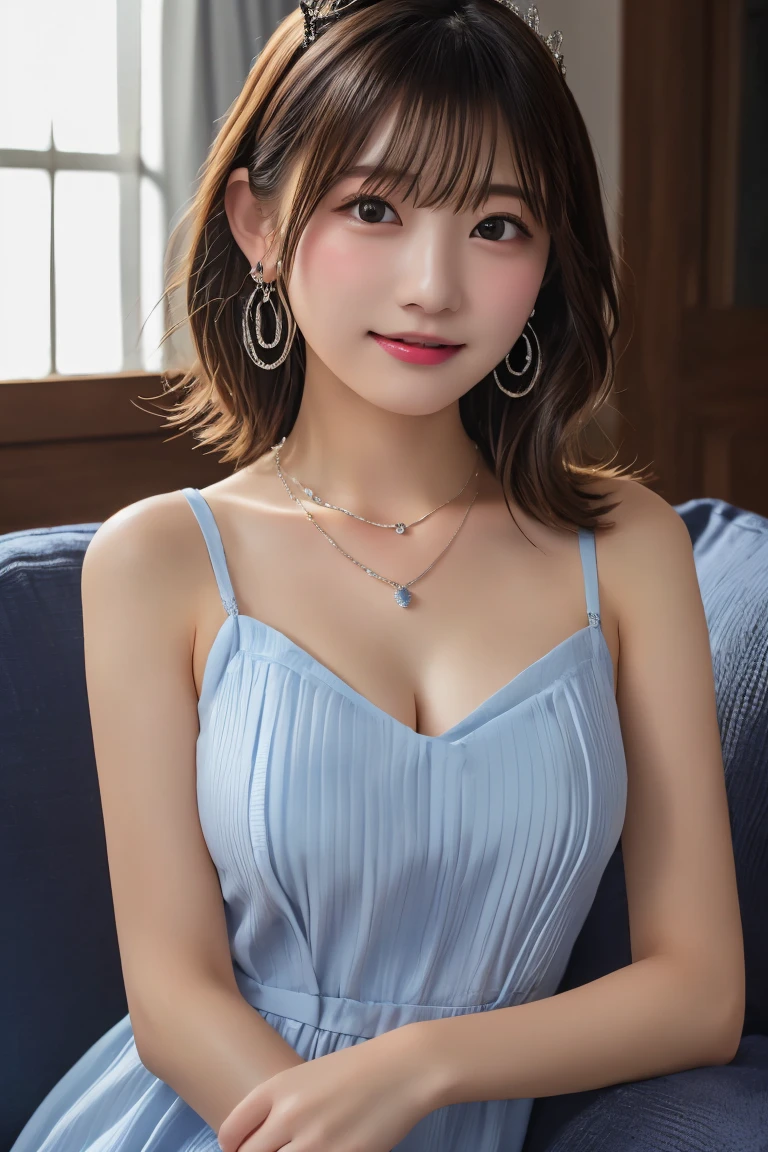 Highest quality, (beautiful)、A light blue mini dress with shoulder straps、Larger breasts、Brown Hair、looking at the camera、Sit on the sofa、Close-up、pub、tiara、necklace、Earrings、、night、Dark Room、Dim lighting、No windows、smile