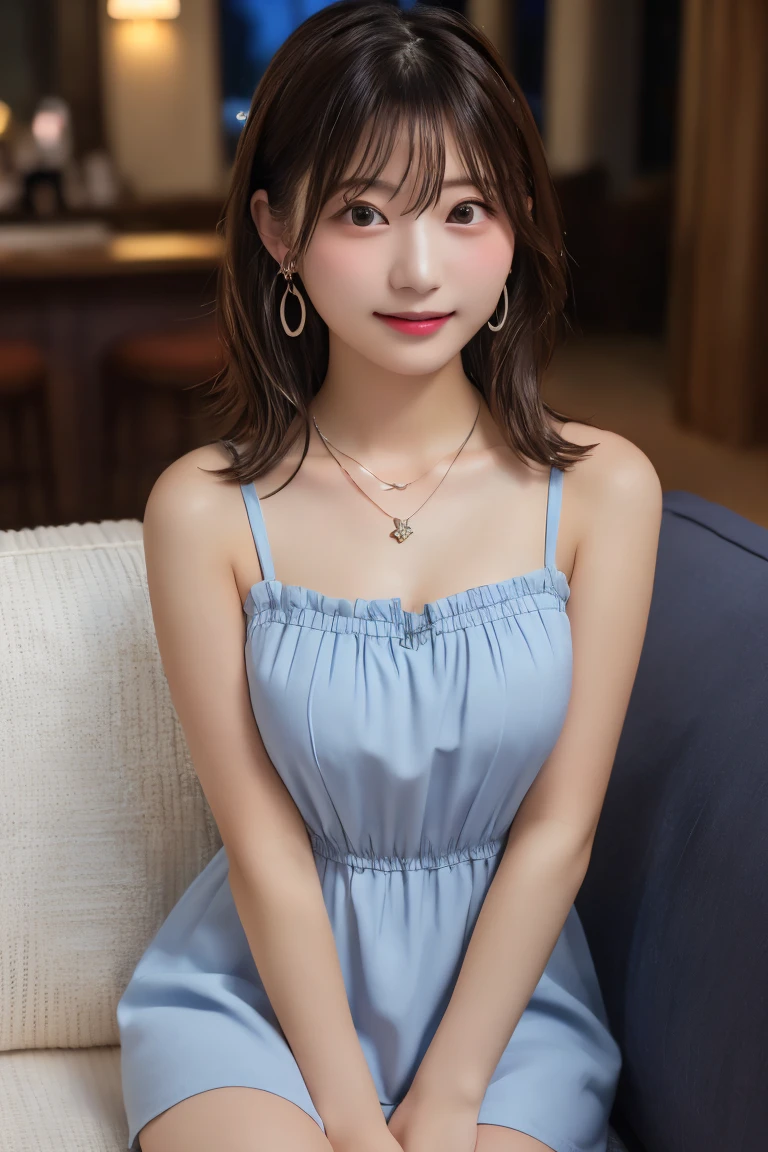 Highest quality, (beautiful)、A light blue mini dress with shoulder straps、Larger breasts、Brown Hair、looking at the camera、Sit on the sofa、Close-up、pub、tiara、necklace、Earrings、、night、Dark Room、Dim lighting、No windows、smile