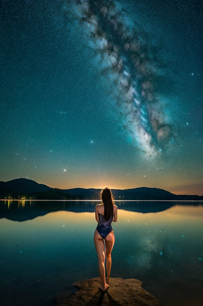 16k, best quality, extremely detailed, ultra quality, ultra highres, masterpiece, beautiful, Raw Photo, beautiful girl, Dreamy starry night over a tranquil lake, water's surface, reflect on the water, from behind, high angle, wide angle, long shot, Starlit Spectacular, Shimmering Nightscapes, swimsuit