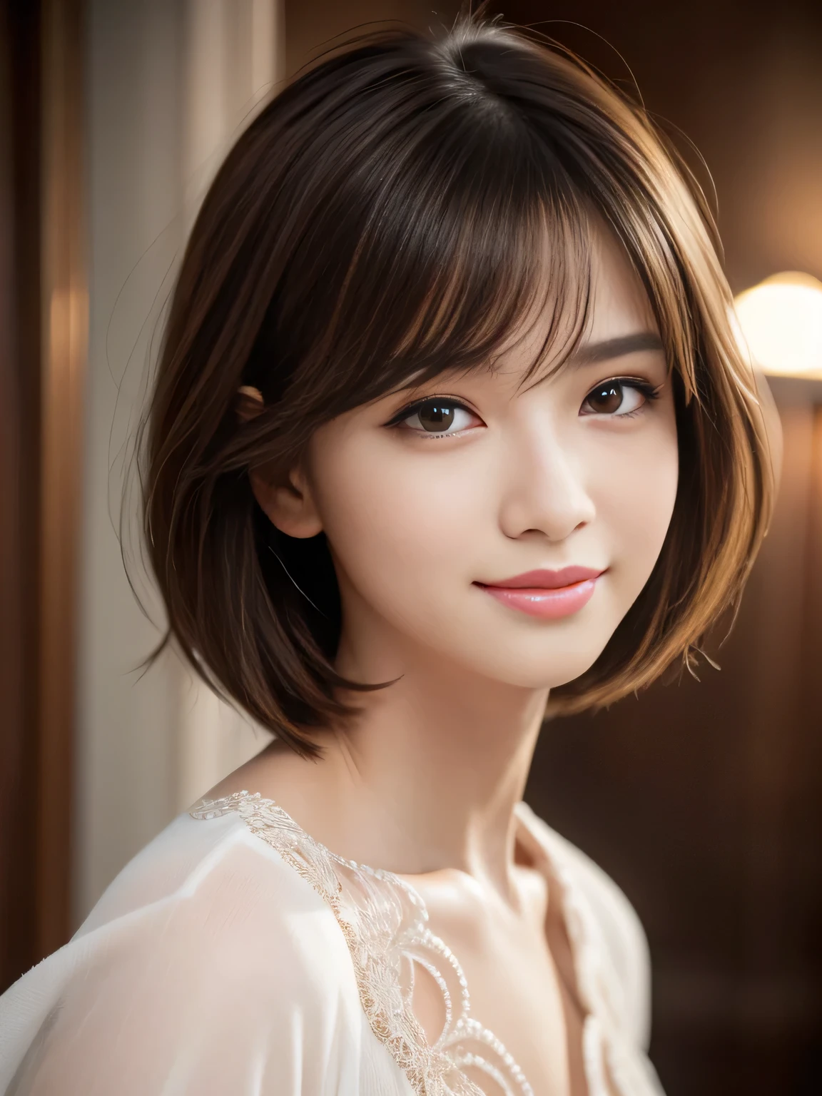 masterpiece, best quality, ultra-detailed, intricately detailed hyperdetailed, realistic, sharp features, highly detailed, sharp focus, , perfect face, perfect face, perfect symmetrically perfect eyes, perfect full lips, flexible female form, film light, hyper detailed, hyper realistic, high resolution, vibrant, dynamic studio lighting, short hair, Brown Hair, Shoulder Length Layered, asymmetrical bangs, brown Eyes, (Impish Smile:1.2),  cowboy shot,