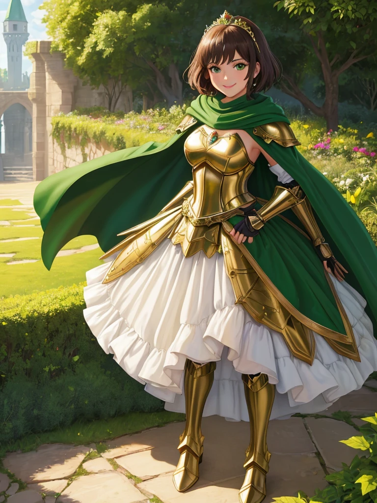 masterpiece, best quality:1.2), 1girl, smile, looking at viewer, green eyes, short brown hair, princess, armor, , pauldrons, armored dress, green cloak cape, wearing puffy blue ballgown skirt, golden tiara with green gem, armored boots, fingerless gloves, standing in medieval garden