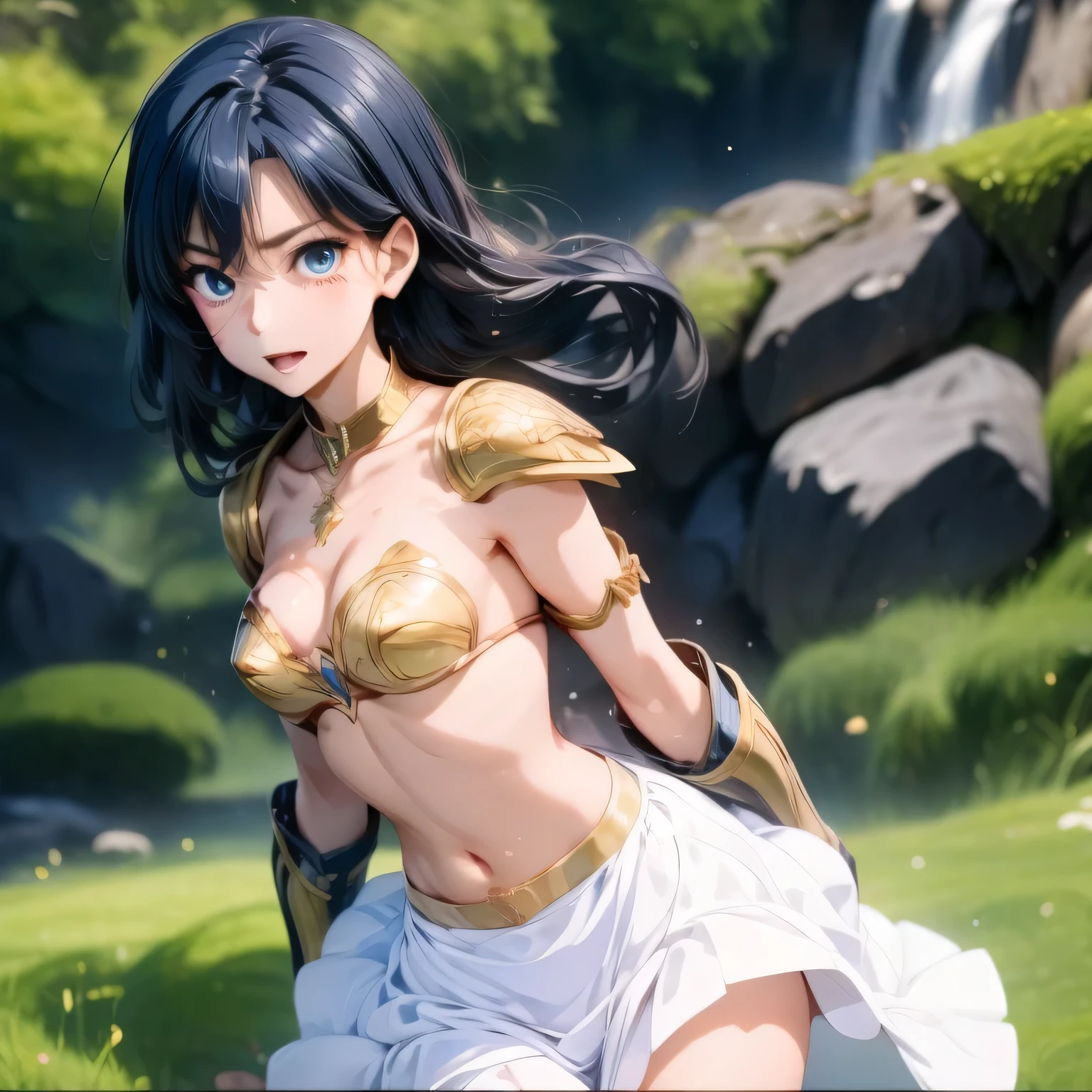 masterpiece, Highest quality, High resolution,4K,Anime girl in white dress, Zodiac Knight Girl, portrait Zodiac Knight Girl, aqua from konosuba, Anime Goddess, rogue anime girl ayanami rei, Wallpaper Anime Blue Water, Advanced Digital Animation Art”, 2. 5d cgi anime fantasy artwork, Anime Style 4k, Fantasy-style anime,white small pleated skirt,20-year-old,Woman in her twenties, Roman warriors, golden bikini,Bikini-like metal armor、Cleavage,Golden knee-high boots,Red choker,Princess Blade , Small breasts, Mini Cropped, Valkyrie Princess , Detailed face, beautiful, With confidence, cave,,whole body,A dynamic standing posture,Dark blue long hair beautiful hair,ahegao, blush, sweat, open mouth, rolling eyes, tears, tongue out,saliva,open mouth,thighs,standing,sweat,wet,
