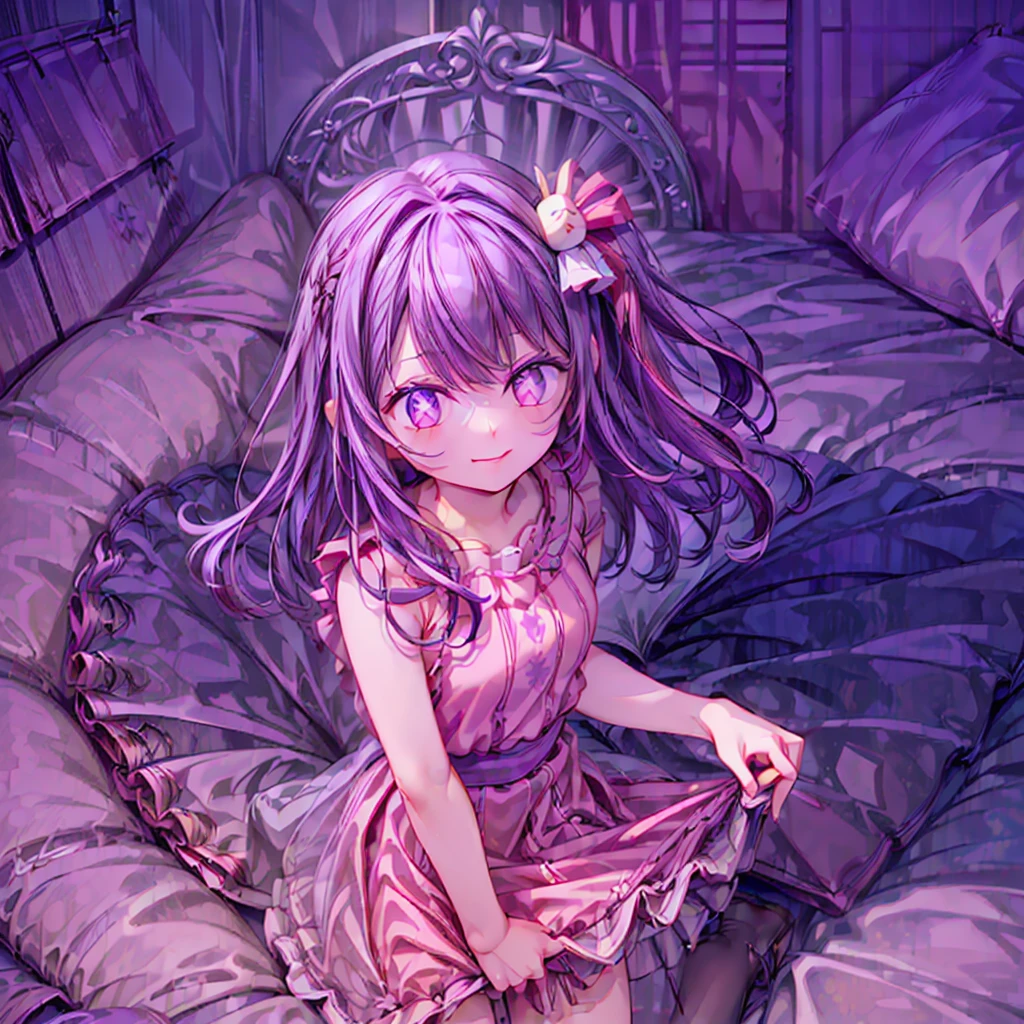 女の子1人、full body, cowboy shot、(Rembrandt)、illustration、(masterpiece)、(top-quality)、(ultra-detailliert)、finely detail、(depth of fields)、Hinoai、gloves、armpit, tongue-out、tongue、length hair、star \ (Symbols\)、Looking at the camera、(Purple hair:1.2)、Purple eye、full body view, hair ornament、:p、frilld、Pink Shirt、a smile、sleeveless、The shirt、idol、Symbol Eye、pulling the hands up、bangss、One Side Up、star-shaped pupils、Raise arms、Pull the dress、Roaring 20s、isometric, florals、stage、kirakira, armpit, dynamic view, (((pussy))), full body view, skirt-lift