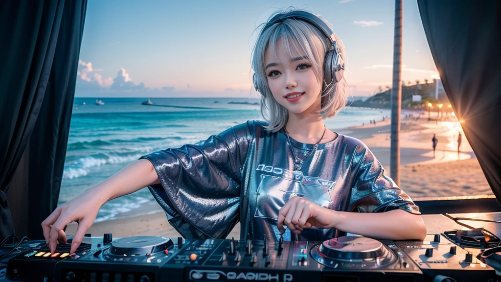 (ultra - detailed, 16K resolution, Cinema lenses, rendering by octane), (high resolution:1.18), intricate detail, (masterpiece:1.1), (highest quality:1.1), (1girl, portrait, white hair, blue eyes, short hair, detailed eyes),Wearing silver DJ headphones, Shiny silver sequined T-shirt, (in the beach:1.5), (Iconic hip-hop pop costumes:1.3), Smile while DJing on stage, DJ studio next to the beach, ((A stylish DJ stage on a hill overlooking the beach)), full body shot, Photorealistic photography by Sunshine, (cute round face:1.3), perfect fingers, five fingers, beautiful hands, perfect hands. master peace, cute smile.