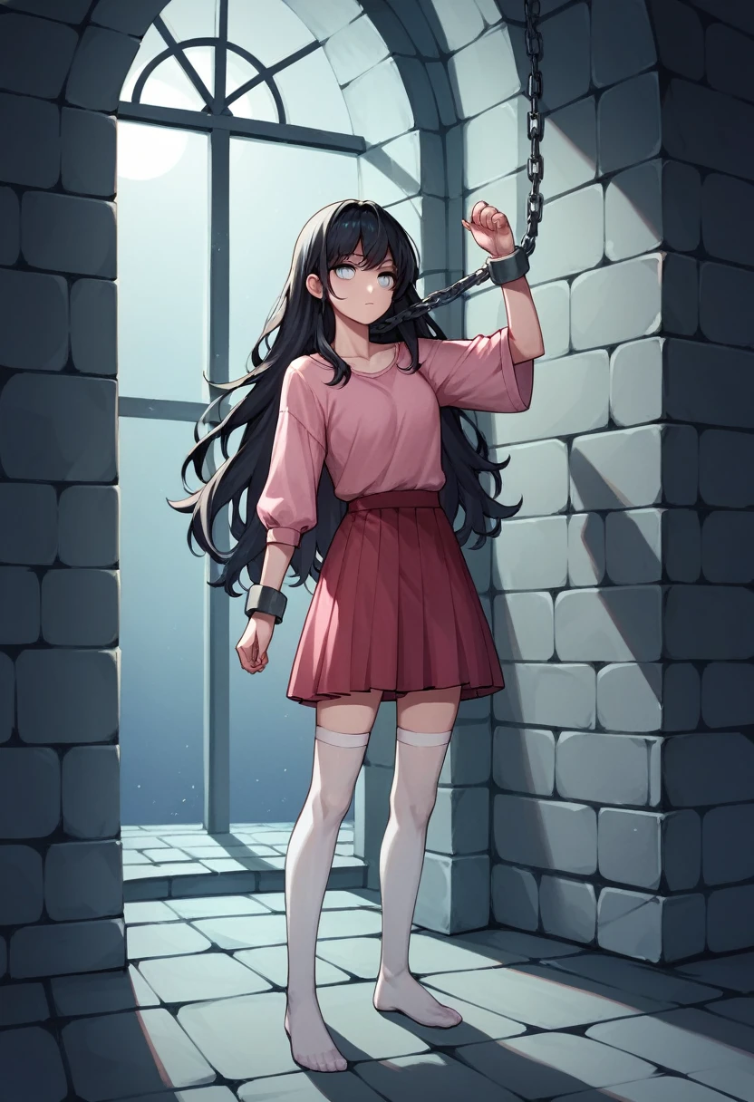 score_9, score_8_up, score_7_up, score_6_up, score_5_up, score_4_up, source_anime, 1girl, sit, black hair, loose hair, white eyes, w-w-chain, shackles ,short chains, put on hand's, long hair, pink shirt, skirt, black high heels, night, dungeon, best quality, best res, 4K UHD,
 