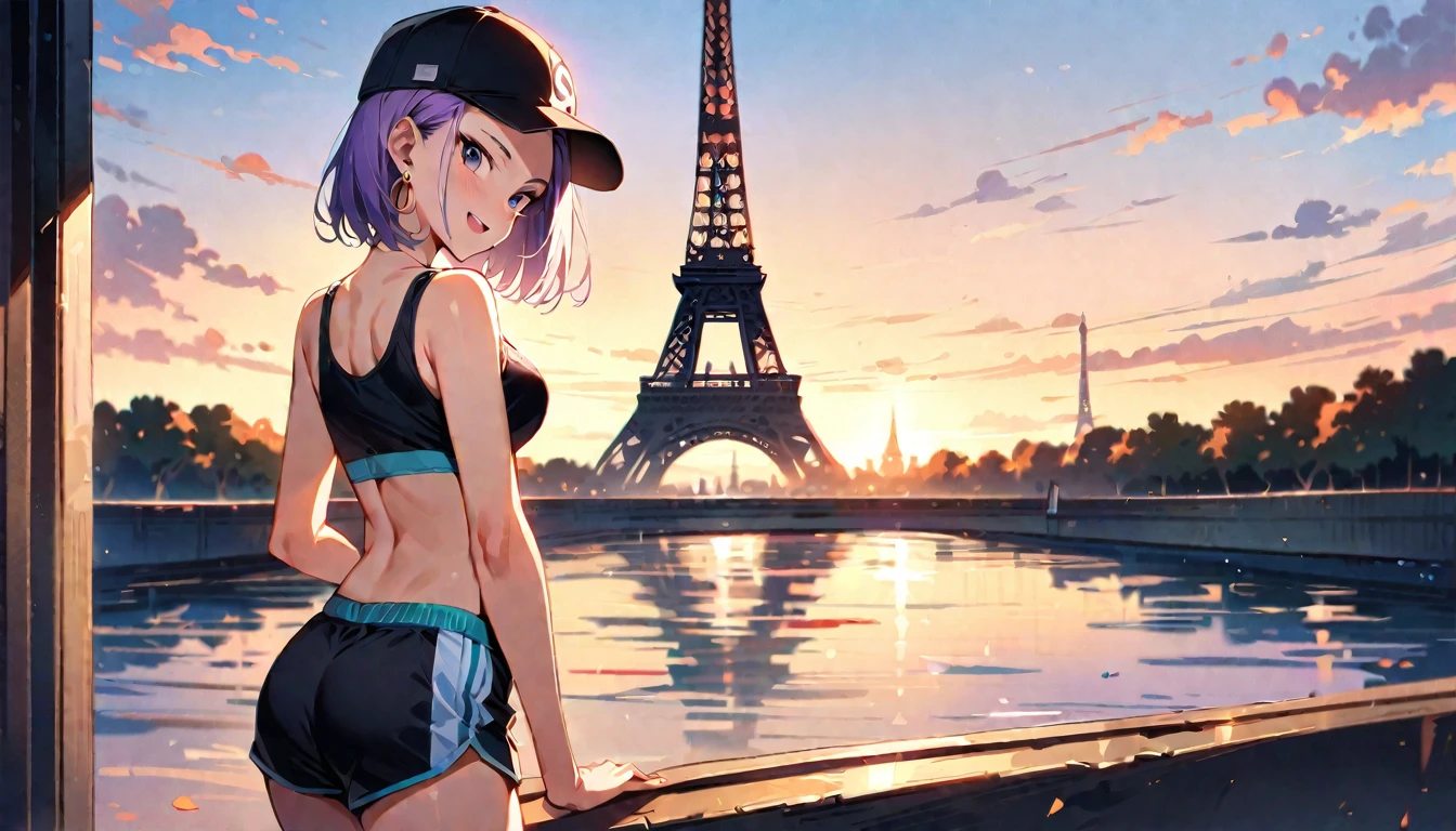 (masterpiece, best quality:1.2), solo, Android 18 from Dragon Ball, ((crop sport bra)), (short dolphin shorts), medium breasts, short purple hair loose, ((black eyes)), earrings on earlobes, slender feminine figure, narrow waistline, skinny body, (plane black cap), (cap without logo), sky, head tilt, looking at viewer, light blush, shot from behind, looking back, back view, crossed arms, walking, the Eiffel Tower, outside, natural lighting and shadows, magnificent view, blur background, 4K, open mouth, smile