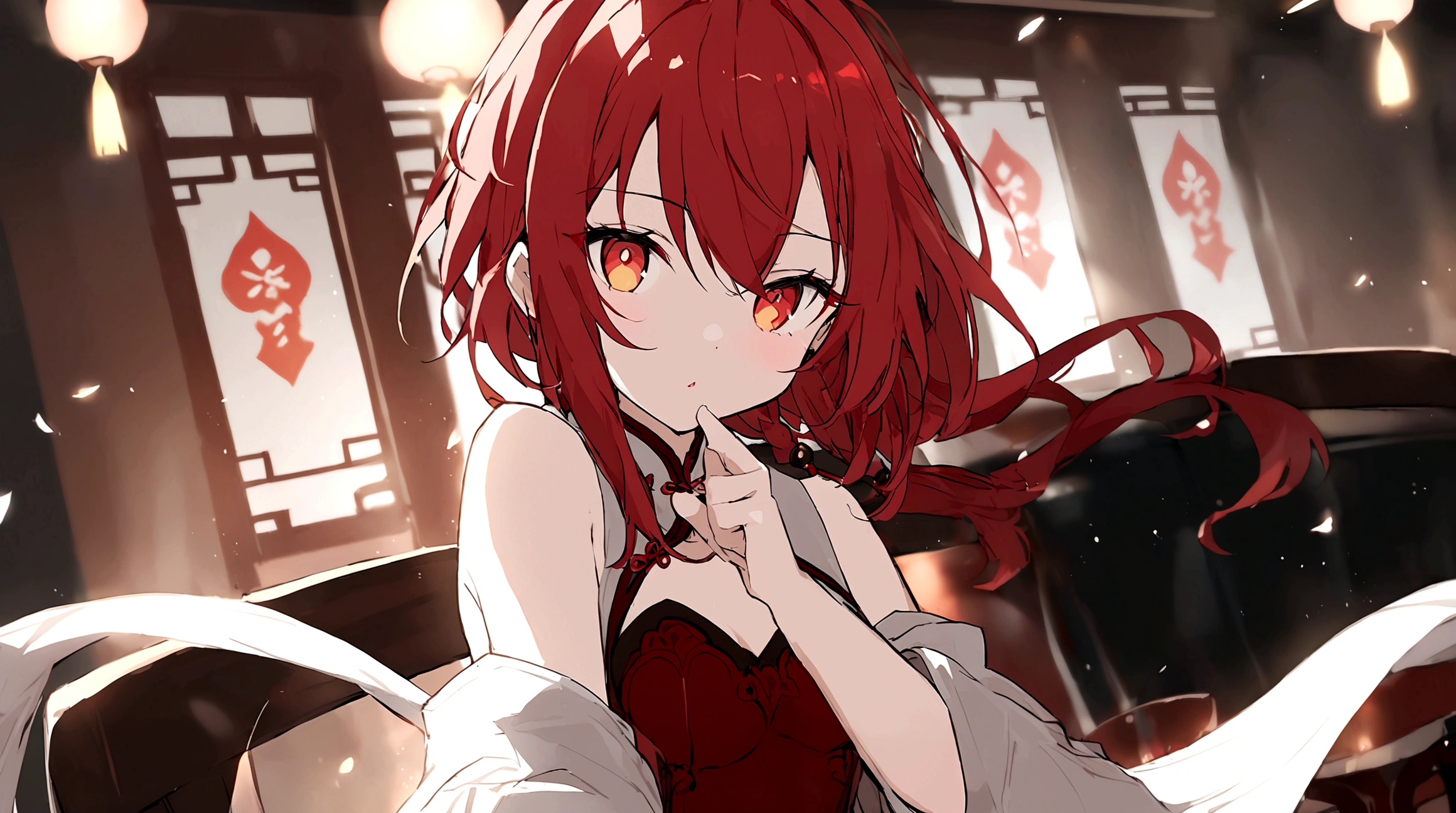 Uma personagem chibi usando chinese outfit. she has long red hair. She has RED AND GOLDEN eyes.
