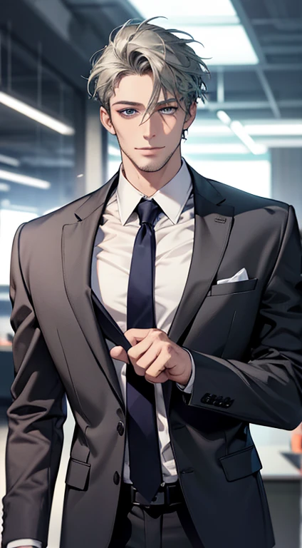 (best quality,4k,8k,highres,masterpiece:1.2),ultra-detailed,(realistic,photorealistic,photo-realistic:1.37),1 man,31 years old,mature man,very handsome,without expression,smile,short grey green hair,blue eyes,penetrating gaze,perfect face without errors,imposing posture,businessman,office background,cinematic lighting,hdr image