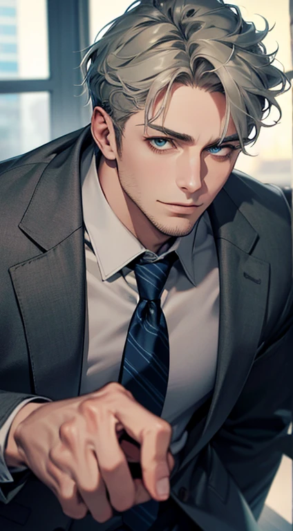 (best quality,4k,8k,highres,masterpiece:1.2),ultra-detailed,(realistic,photorealistic,photo-realistic:1.37),1 man,31 years old,mature man,very handsome,without expression,smile,short grey green hair,blue eyes,penetrating gaze,perfect face without errors,imposing posture,businessman,office background,cinematic lighting,hdr image