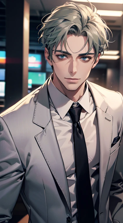 (best quality,4k,8k,highres,masterpiece:1.2),ultra-detailed,(realistic,photorealistic,photo-realistic:1.37),1 man,31 years old,mature man,very handsome,without expression,smile,short grey green hair,blue eyes,penetrating gaze,perfect face without errors,imposing posture,businessman,office background,cinematic lighting,hdr image