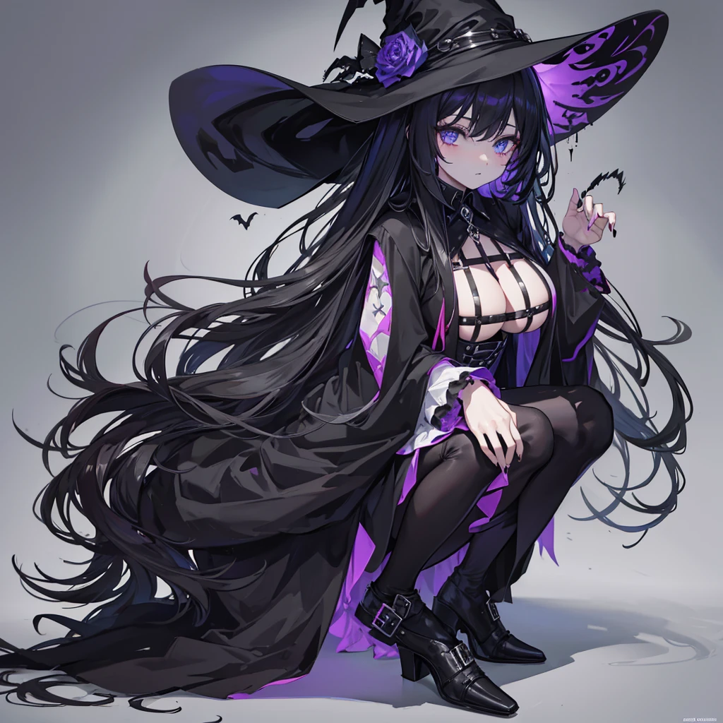 black_magic, 1girl, long hair, black hair, (full body:1.2), witchy_fashion, witch_hat, gothic_witch, gothic_darkness, (gothic_makeup:1.1), scenary