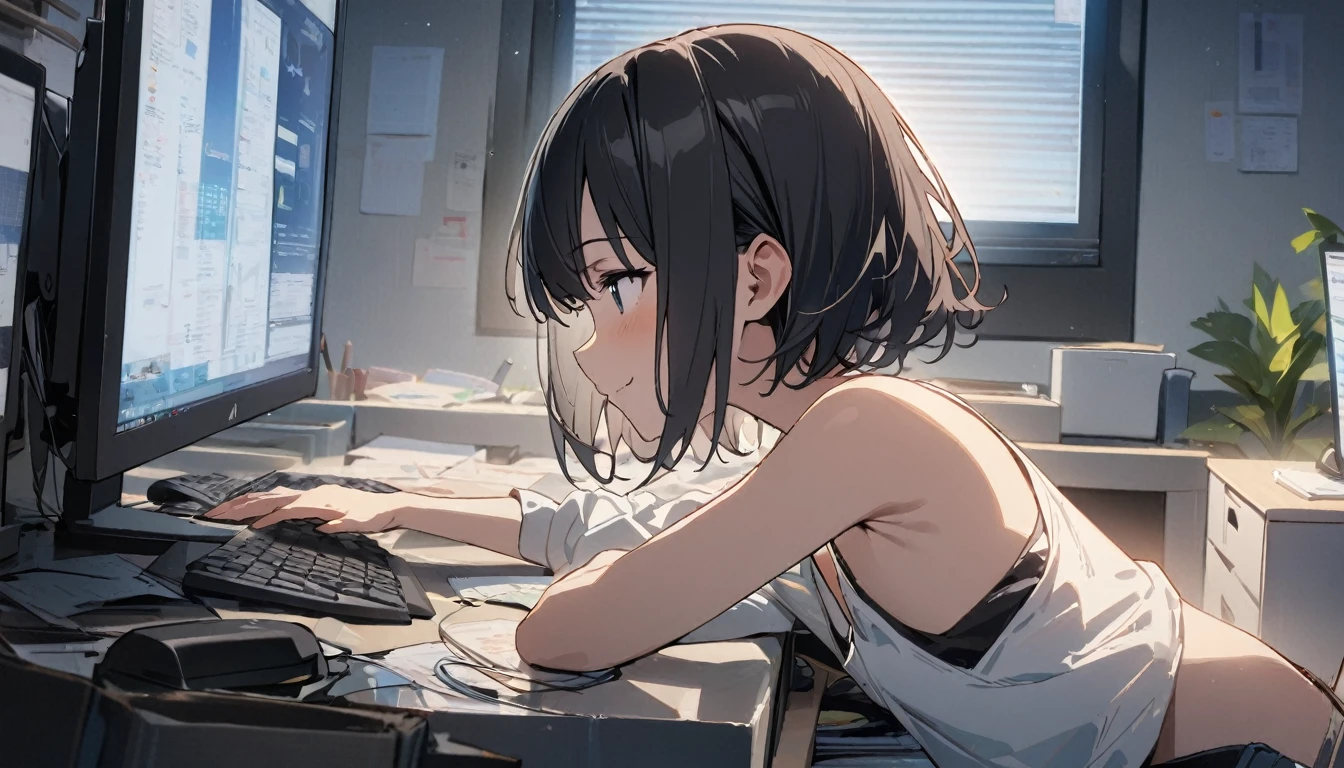 1girl, solo, gentle smile on her face flat chest, short hair, black hair, upper body, ((masterpiece, illustration, best quality)) ((best quality)), ((masterpiece)),(Pretty sister:1.3)、spring atmosphere、evening、aggressive、office、((impatient face))、Type into a computer、A lot of work、overtime