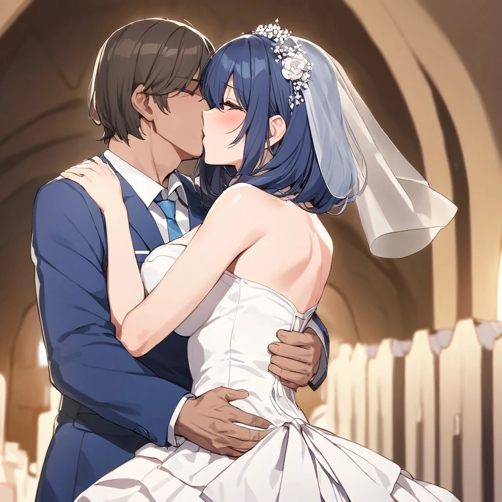 ((Highest quality)), ((masterpiece)), (detailed), （Perfect Face）、The woman is Akane Kurokawa, with blue bob hair, and is wearing a wedding dress and wedding veil in a church. She and a middle-aged man are embracing each other, kissing each other in love, and getting married.