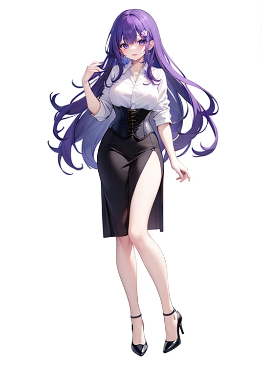 Purple hair,long hair,Adult female,suit,((White shirt)),((Rolling up your sleeves shirt)),(corset),(skirt),(slit),High heels,((Simple White background)),Smile,((Full body)),((whole body)),(((upright)))