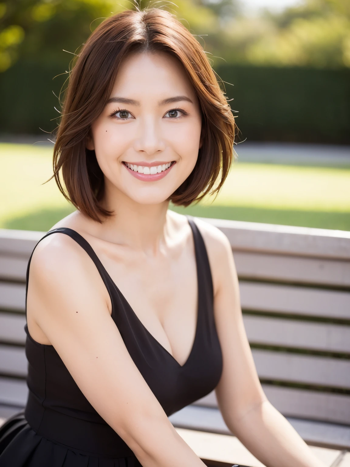 最high quality, In 8K, Masseter region, Vibrant, Sharp focus, high quality, High resolution, Detailed face, fine grain, Thick lips, (Looking at the audience), alone, Beautiful woman, 38 years old, Japanese women, ((Short brown hair:1.4)),(Cleavage:1.1), Lunch break、Large city park、Green Grass、(sitting on a park bench:1.3)、(Full body photo:1)、(Pink formal dress:1.5)、(Knee-length dresses:1.5)、(Black pumps:1.5)、(Slightly slim legs:1.1)、(Red lipstick:1)、((smile:1.6))、(standard body type)、(D cup breasts)