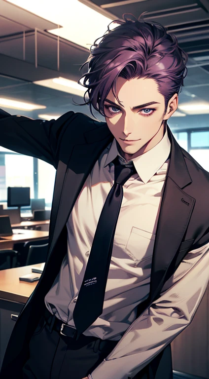 (best quality,4k,8k,highres,masterpiece:1.2),ultra-detailed,(realistic,photorealistic,photo-realistic:1.37),1 man,31 years old,mature man,very handsome,without expression,smile,short purple hair,blue eyes,penetrating gaze,perfect face without errors,imposing posture,businessman,office background,cinematic lighting,hdr image