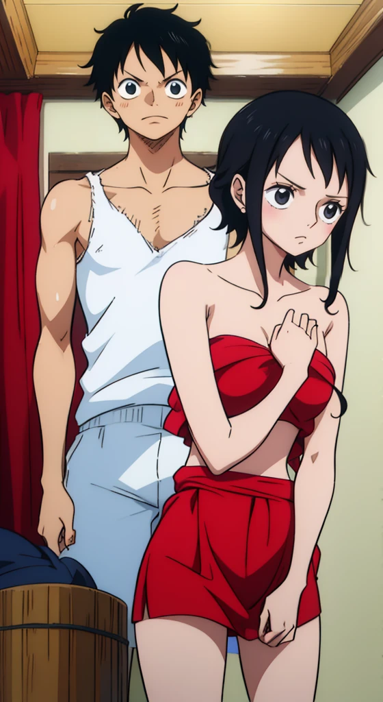 A girl with black curly hair, dark skin, black eyes and the name Mayza Hasaua, naked in front of a boy with black hair, black eyes, white skin, with the name Luffy, from the room