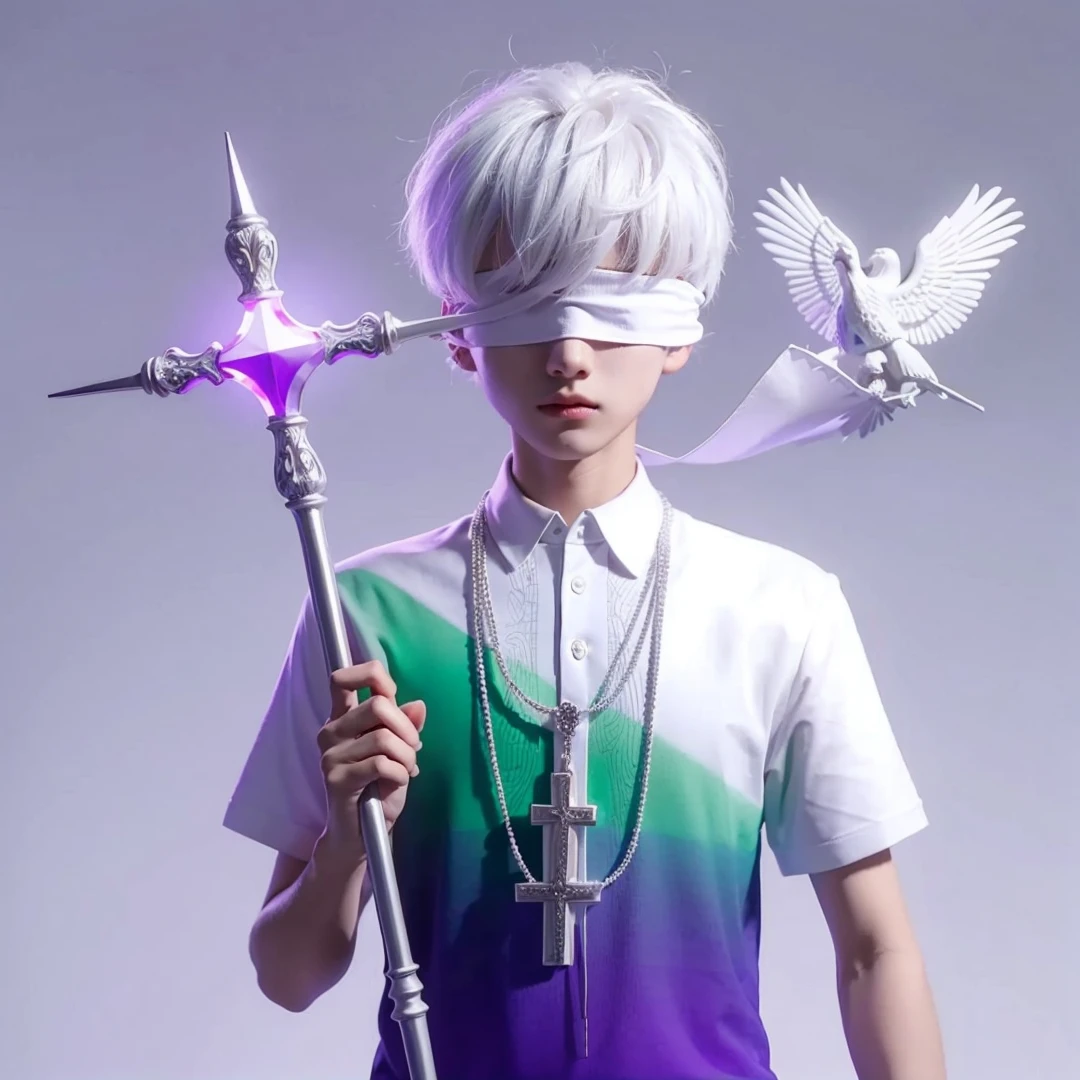 Handsome boy, white hair, wearing white blindfold, white green and purple polo, holding a cross