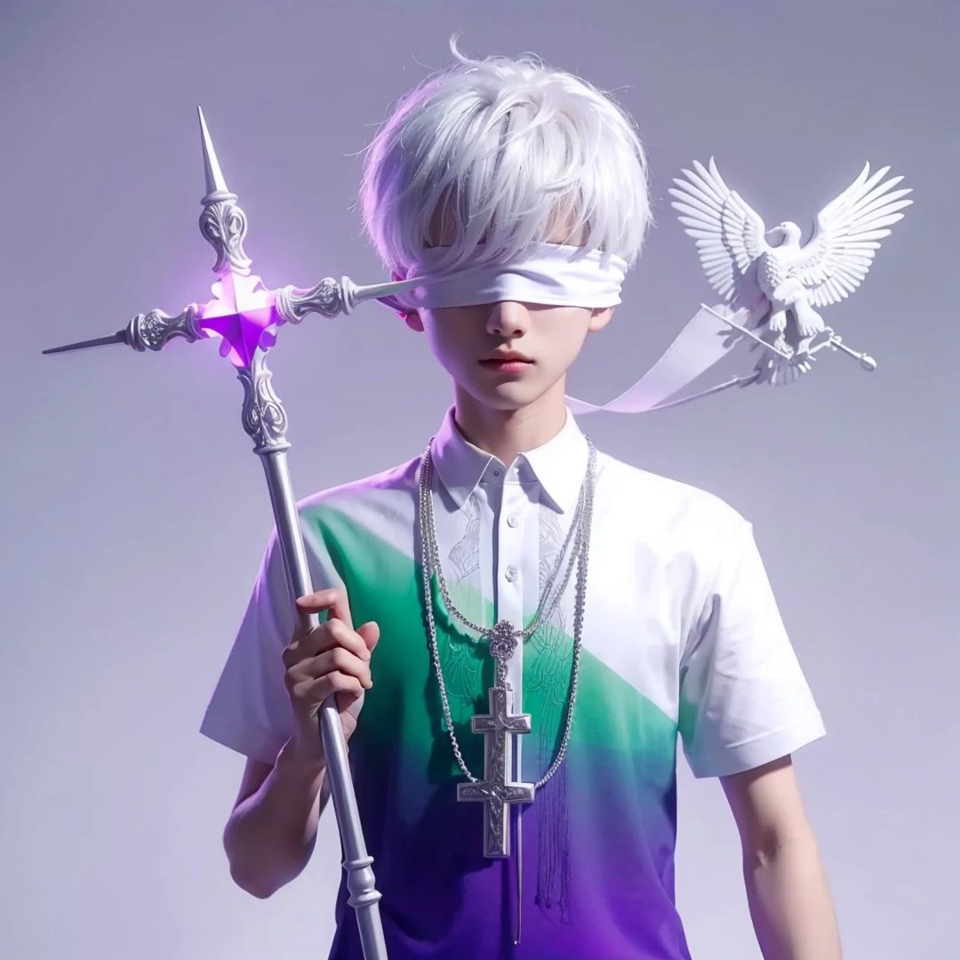 Handsome boy, white hair, wearing white blindfold, white green and purple polo, holding a cross