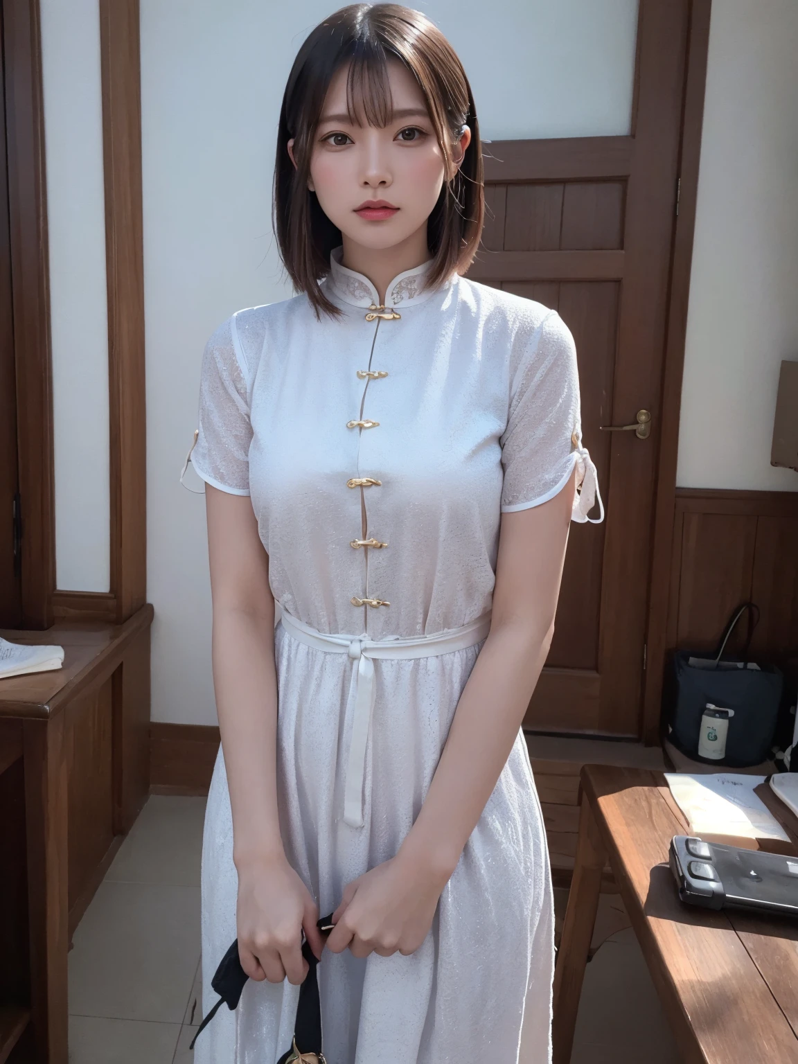 (Highest quality:1.4),(masterpiece:1.4),(Realistic:1.4),(Realistic:1.2),(超High resolution, RAW Photos:1.4),(High resolution, Super detailed:1.2),(8K:1.2),Movie Photos,a photo of a dark-haired,One Girl,alone,wear ,((China dress))、((Upper Body:1.3))