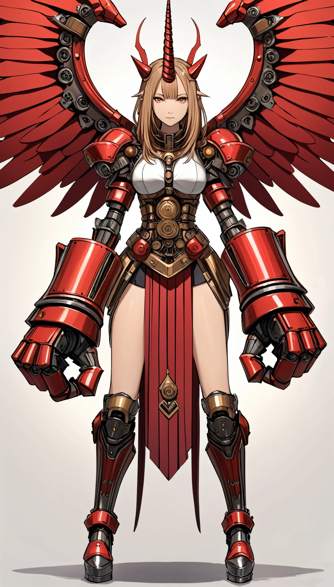 unicorn horn,metal spiral sharp corners,in style of Santiago Caruso,
huge mechanical angel wings,mechanical_halo,1 girl,mechanical wrist,mechanical skirt with pleated skirt,(huge makeover mechanical fists:1.5),the fist flashed red,