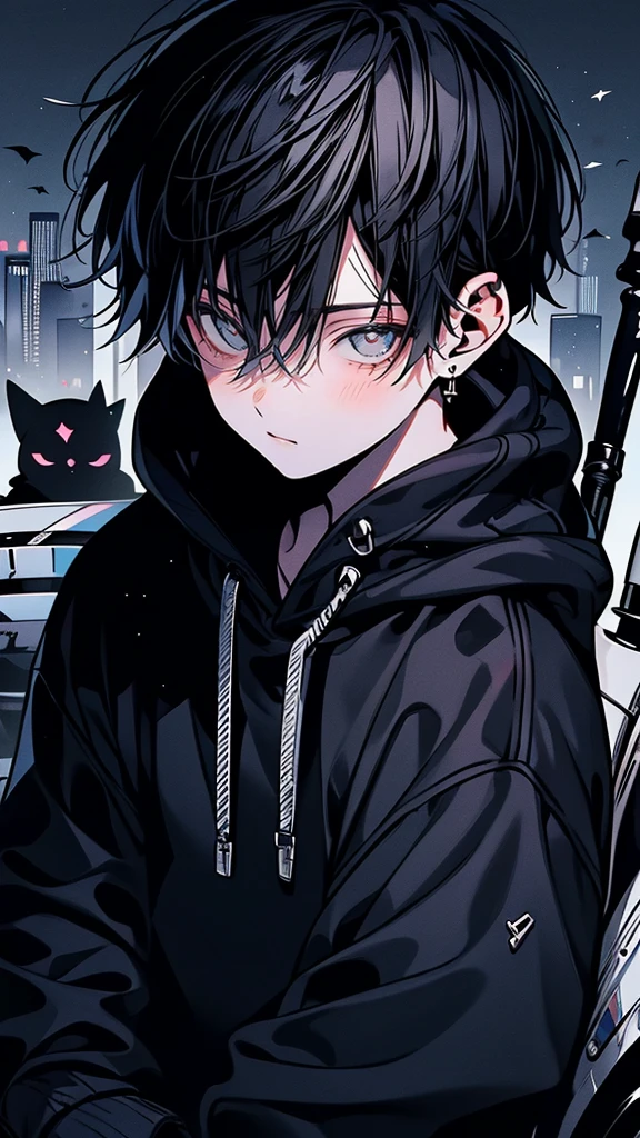 Highest quality,Cool boys,Charm,Black Hair,Short Hair,Gray Eyes,Staring at the audience,Wearing a hoodie,Hood down,One person,alone,Perfect Face,