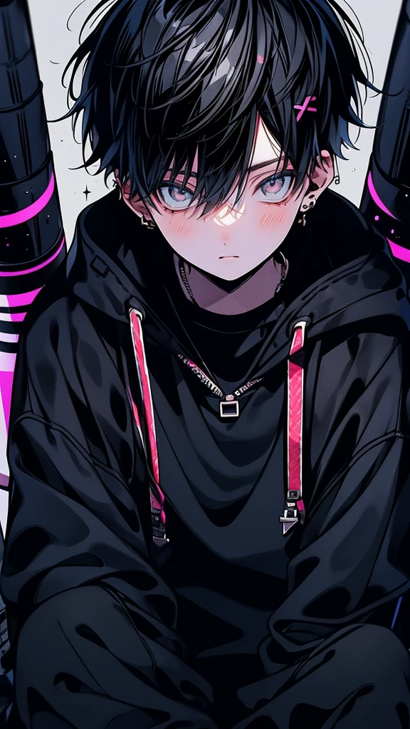 Highest quality,Cool boys,Charm,Black Hair,Short Hair,Gray Eyes,Staring at the audience,Wearing a hoodie,Hood down,One person,alone,Perfect Face,