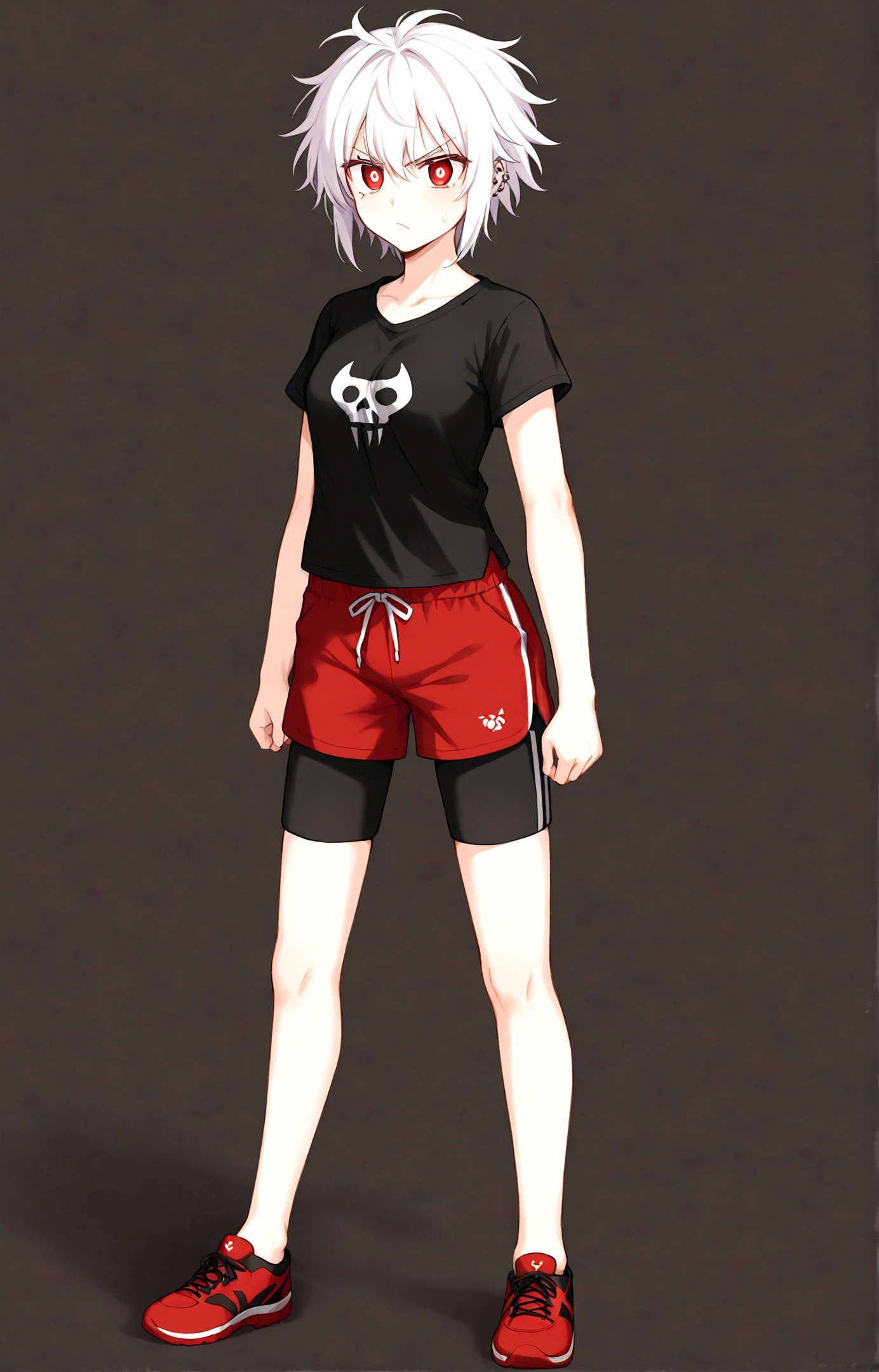 ((Generate a full body anime portrait  ((semi lateral view,)) with white hair, angry evil, with sports shorts and a black shirt arms intertwined piercing, bright red eyes circular pupils, medium chest, anime style,