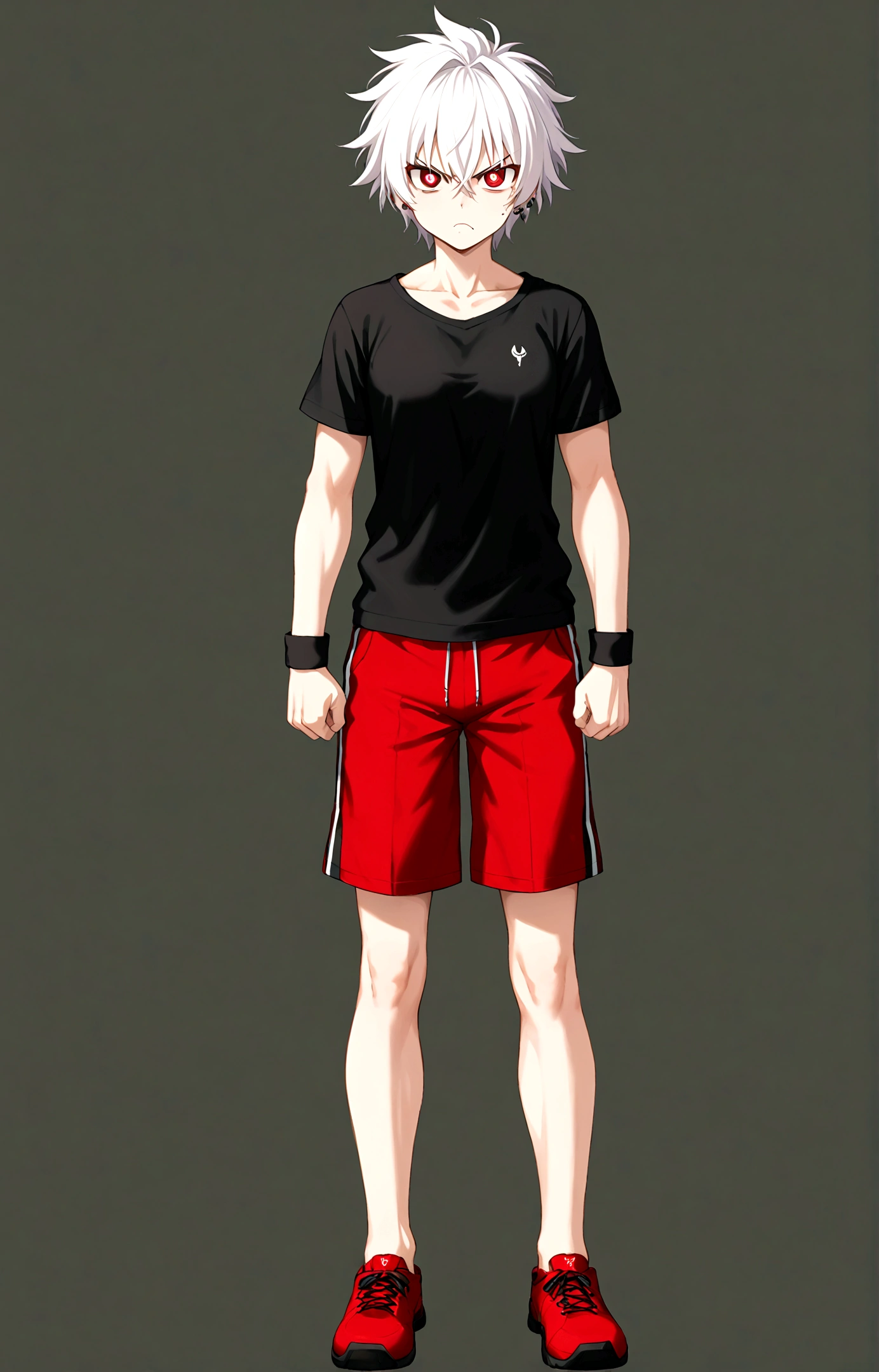 ((Generate a full body anime portrait  ((semi lateral view,)) with white hair, angry evil, with sports shorts and a black shirt arms intertwined piercing, bright red eyes circular pupils, medium chest, anime style,