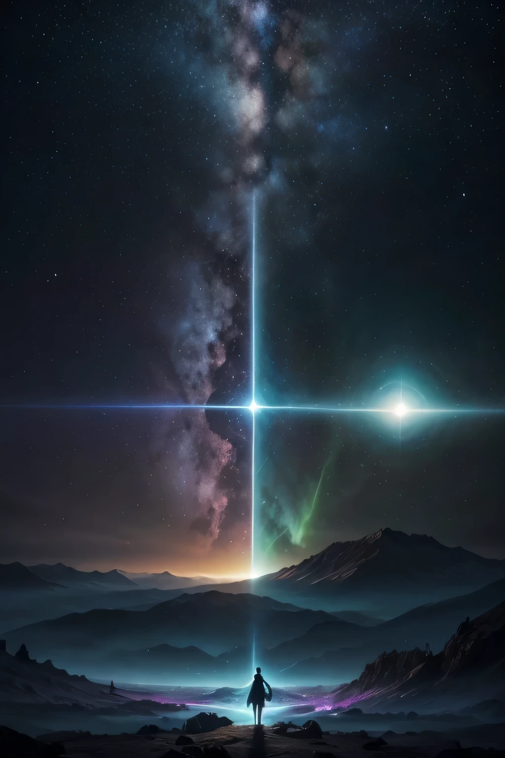 1. **Background**: A cosmic setting, with a celestial horizon full of stars, colorful nebulae and a veil of galaxies in the background. The mix of purples, blues and blacks creates a feeling of infinity and mystery.
2. **Main Elements**:
- **Three Rays of Light**: In the center of the cover, three rays of bright light emerge from the cosmic background, representing Steve, Alesha and Henry. The rays can be of different colors (for example, blue for Steve, green for Alesha and gold for Henry) and converge to a central point where they transform into divine humanoid figures, each reflecting their essence.
- **The Original World**: Beneath the rays, a lush world is visible. Majestic mountains, winding rivers and vast skies stand out. Elements of light and shadow are clearly demarcated, symbolizing the Sun and Moon, and the idea of day and night.
- **Animals**: Silhouettes of various animals around the world, from large mammals to small birds and insects, to illustrate Alesha's creation.
3. **Additional Details**:
- **The Ékleipsis Triangle**: At the top of the cover, a triangle of intertwined light symbolizing the united power of the three divine beings during the creation of the Sun and Moon.
- **Energy Beams**: Beams of energy floating through space, representing the magical essence and power of New Beings.
### View:
- The cover must convey a feeling of grandeur and mysticism, with a vibrant and contrasting color palette.
- Elements of light and shadow should be highlighted to emphasize the central themes of the story.
This cover would be visually appealing and evoke the fantasy and depth of the narrative, capturing the essence of creation and the cosmic elements of the story.