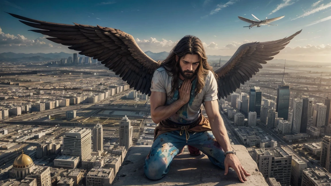 hyper realistic painting, with Israel in the background, And Jesus and the Archangel Michael hovering over the city with their hands in the form of prayer