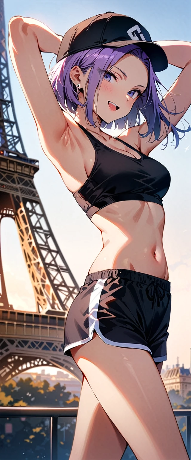 (masterpiece, best quality:1.2), solo, Android 18 from Dragon Ball, ((crop sport bra)), (short dolphin shorts), medium breasts, short purple hair loose, ((black eyes)), earrings on earlobes, slender feminine figure, narrow waistline, skinny body, (plane black cap), (cap without logo), sky, head tilt, looking at viewer, light blush, shot from behind, looking back, back view, beautiful armpits, arms up, walking, the Eiffel Tower, outside, natural lighting and shadows, magnificent view, blur background, 4K, open mouth, smile, full body,