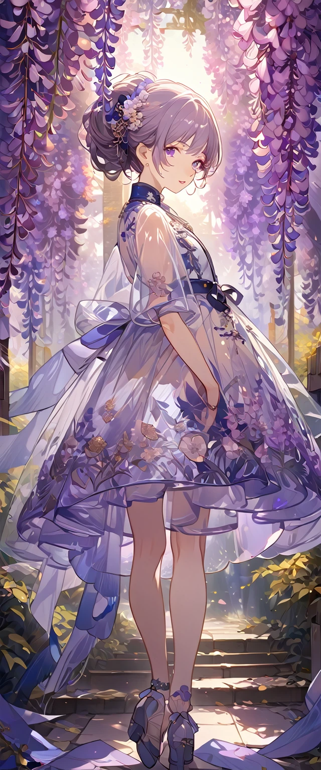 wisteria flower, wisteria tree, wisteria background, 8k ,4k , best quality, high quality, masterpiece, transparent clothes, embroidery  clothes, big , inspired by Asukaziye artist : ask, art style : ask