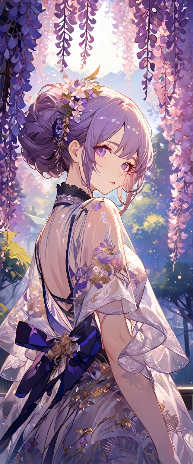 wisteria flower, wisteria tree, wisteria background, 8k ,4k , best quality, high quality, masterpiece, transparent clothes, embroidery  clothes, big , inspired by Asukaziye artist : ask, art style : ask