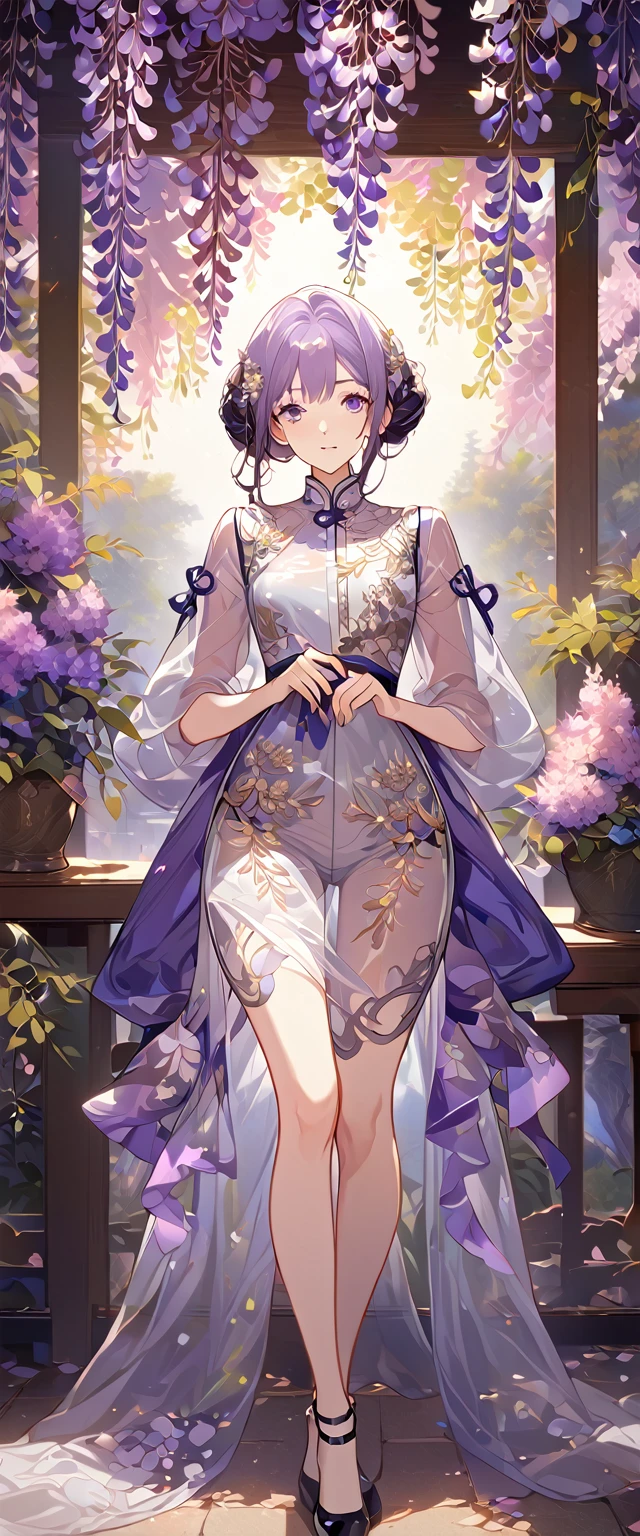 wisteria flower, wisteria tree, wisteria background, 8k ,4k , best quality, high quality, masterpiece, transparent clothes, embroidery  clothes, big , inspired by Asukaziye artist : ask, art style : ask