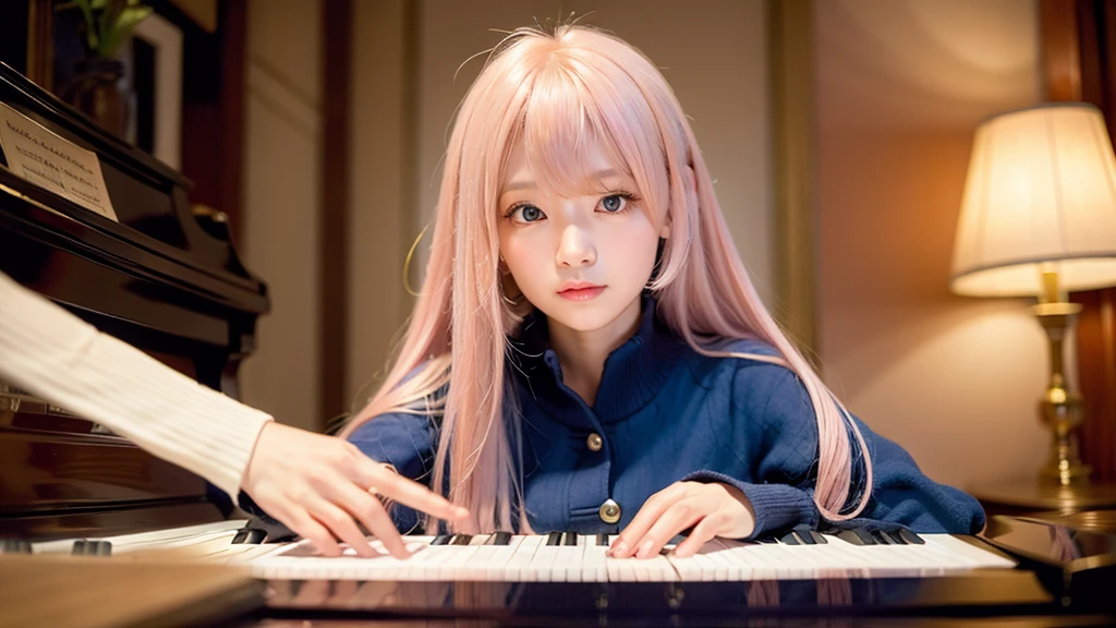 playing piano.Ai Hoshino, beige pink hair, Blue Hair,Long Hair, favorite , Beautiful, shining eyes, Stars in my eyes, Idol,Long pink hair