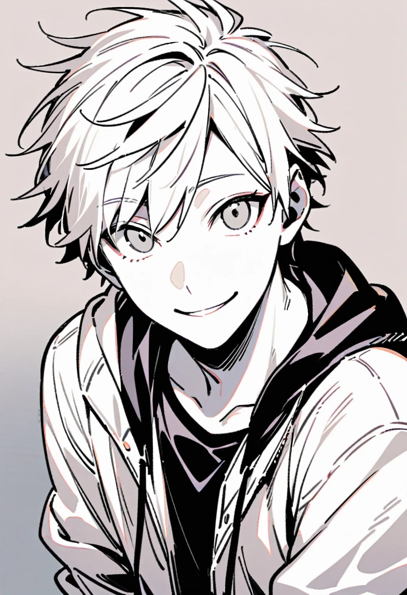 alone, View your viewers, smile, One boy, Jacket, Monochrome, Men's Center, Lips parted, Shine, Portraiture, Shine eyes, Spot colors, High collar, Shine eye, Red Theme ,Anime type and high details