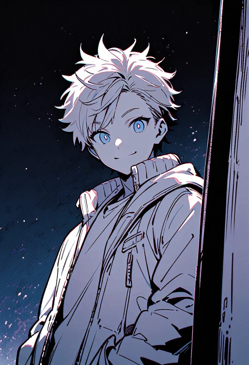 alone, View your viewers, smile, One boy, Jacket, Monochrome, Men's Center, Lips parted, Shine, Portraiture, Shine eyes, Spot colors, High collar, Shine eye, Red Theme ,Anime type and high details