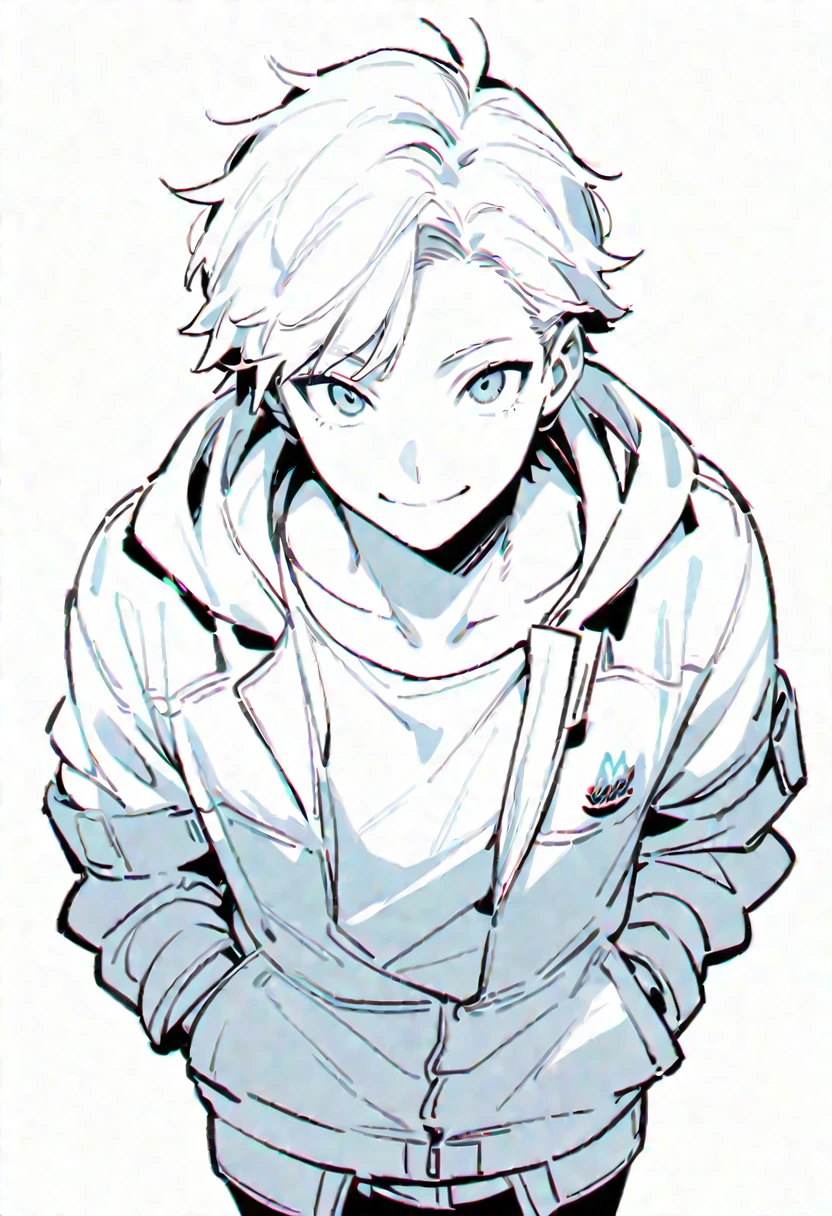 alone, View your viewers, smile, One boy, Jacket, Monochrome, Men&#39;s Center, Lips parted, Shine, Portraiture, Shine eyes, Spot colors, High collar, Shine eye, Red Theme ,Anime type and high details