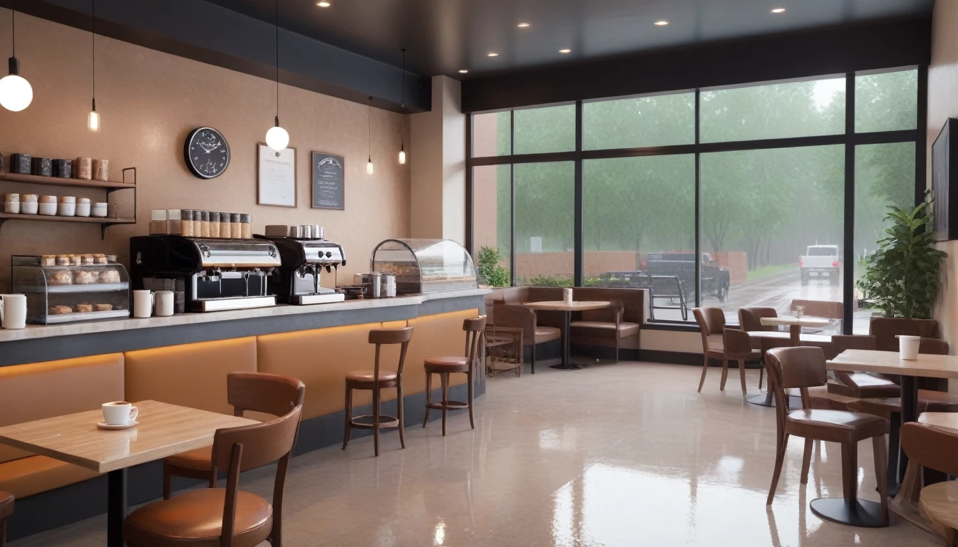 a smooth raining coffee shop inside, tables with coffee, and some windows