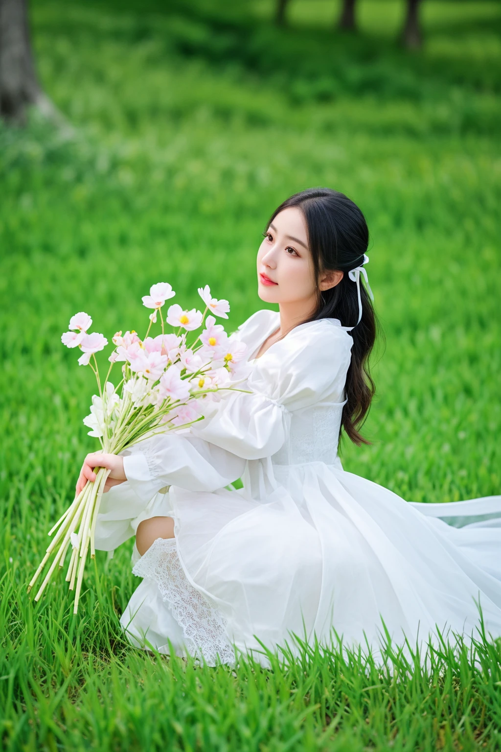 arafed woman in a white dress sitting in a field holding a bunch of flowers, with flowers, in a field with flowers, white hanfu, holding flowers, girl in a flower field, girl sitting in a flower field, a cute young woman, a beautiful woman in white, sha xi, young asian girl, girl frontal in a flower field, carrying flowers