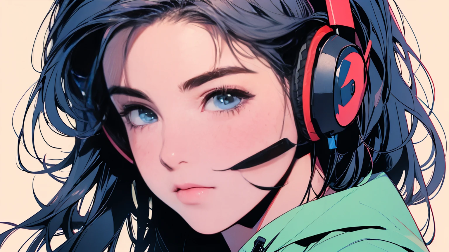 2D illustration, anime, Manga style, whole body,Asian, Bishamon from noragami, 1 Girl, Big Hair, Shortcuts, create, High resolution, masterpiece, Highest quality, High detail, High detailed eyes, Grain Filter, Detailed lips, High resolution, Super detailed, Realisticな比率, Anatomically correct, Beautiful young woman, Erin Moriarty pairing:0.7, joey king:0.5, Sydney Sweeney:0.whole bodyポートレート, Illustrator, anime , Realistic ,sketch , 1 Girl, ,lip, hoodie,order, Blue gradient background, Neon Hair,Textured Trim, (masterpiece,Highest quality), lofi, Battle DJ girl in HIPHOP fashion wearing DJ headphones